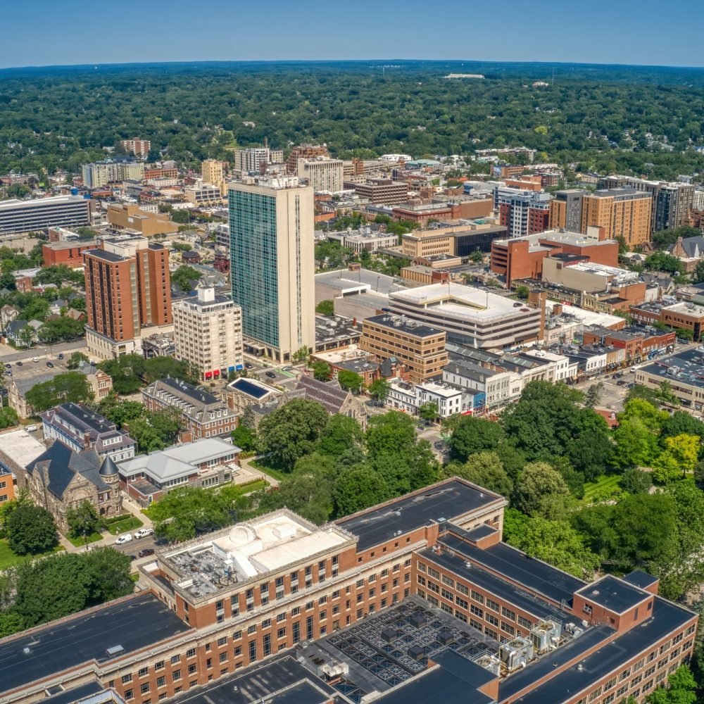 Aerial View of Downtown Ann Arbor, Michigan in Summer